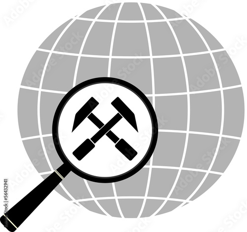 Vector: magnifier with hammer and planet - construction symbol magnifier with hammer and planet - construction symbol