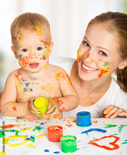 Photo: mother and baby paint colors hands dirty mother and baby paint colors hands dirty