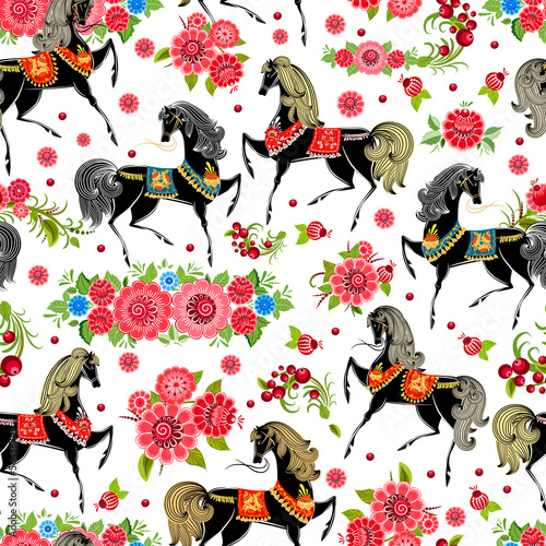Vector: seamless texture with horses in flowers seamless texture with horses in flowers