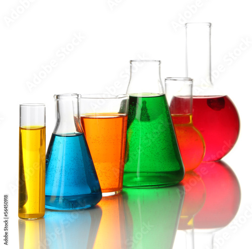 Photo: Test tubes with colorful liquids isolated on white Test tubes with colorful liquids isolated on white