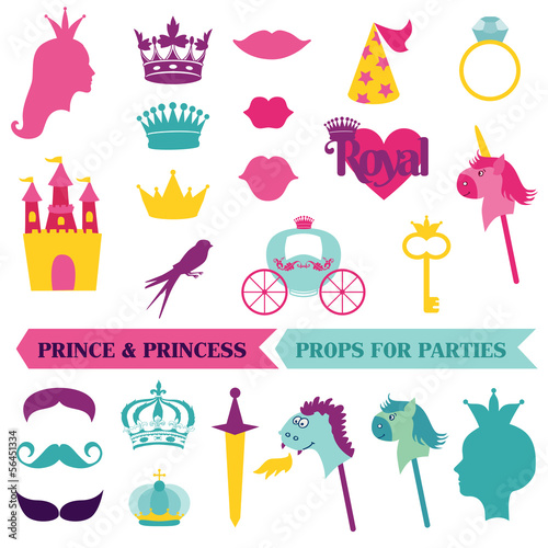 Vector: Prince and Priness Party set - photobooth props - crown, mustach Prince and Priness Party set - photobooth props - crown, mustach