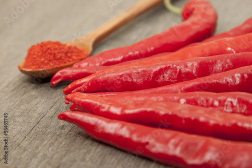 Photo: Red chili pepper and spoon with pepper. Red chili pepper and spoon with pepper.