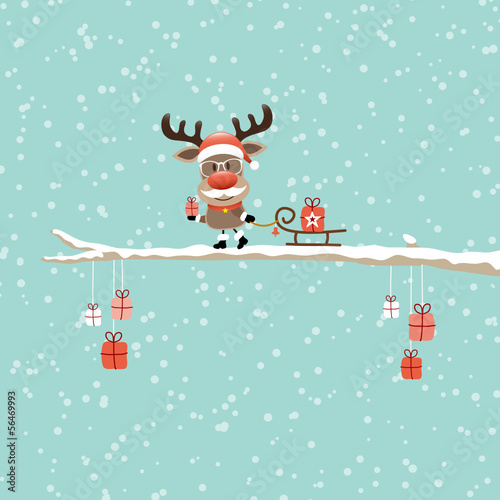 Vector: Rudolph Glasses Pulling Sleigh With Gift Tree Retro Rudolph Glasses Pulling Sleigh With Gift Tree Retro