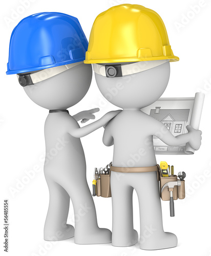 Illustration: Planning. Dude the Builders x 2 looking at blueprint. Rear view. Planning. Dude the Builders x 2 looking at blueprint. Rear view.