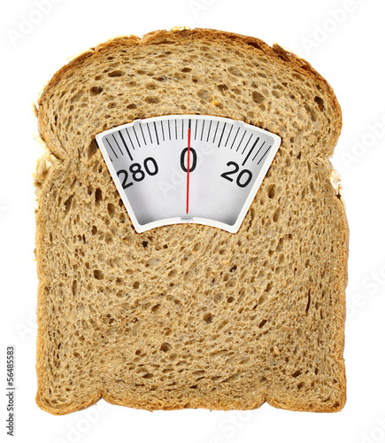 Illustration: Wholesome slice of bread as weighing scale isolated on white Wholesome slice of bread as weighing scale isolated on white