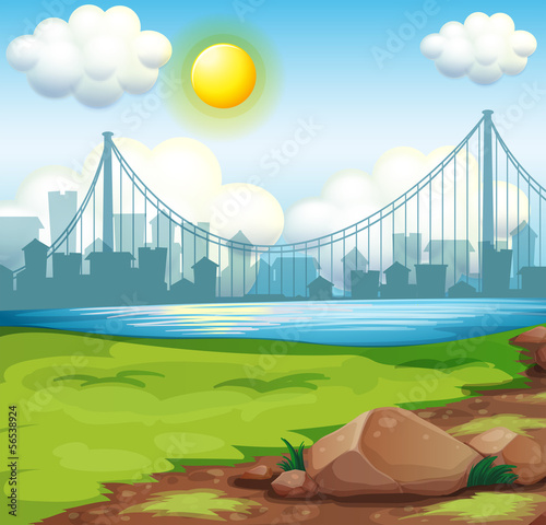 Vector: A view of the river near the tall buildings under the bright sun A view of the river near the tall buildings under the bright sun
