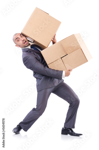 Photo: Businessman with box isolated on the white Businessman with box isolated on the white