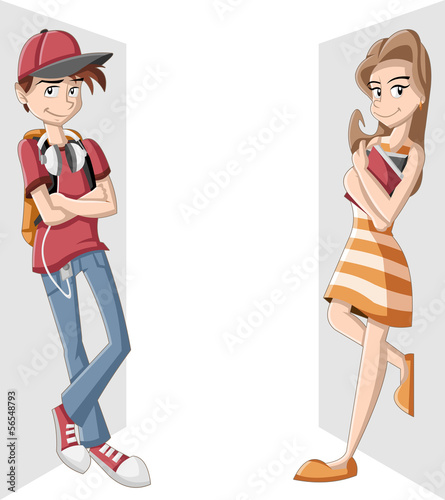 Vector: Cartoon young couple of students. Teenagers. Cartoon young couple of students. Teenagers.