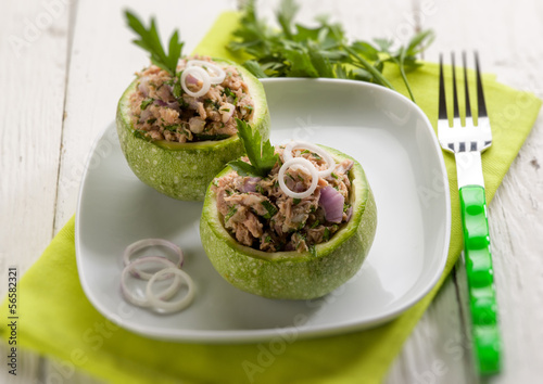 Photo: zucchinis stuffed with tuna and onions, selective focus zucchinis stuffed with tuna and onions, selective focus