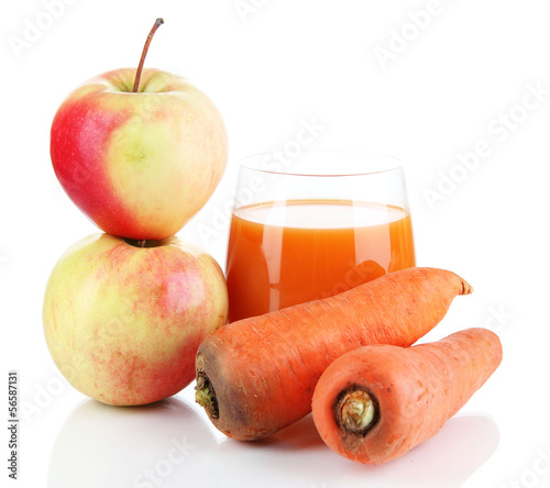 Photo: Sweet apples, juice and carrot isolated on white Sweet apples, juice and carrot isolated on white