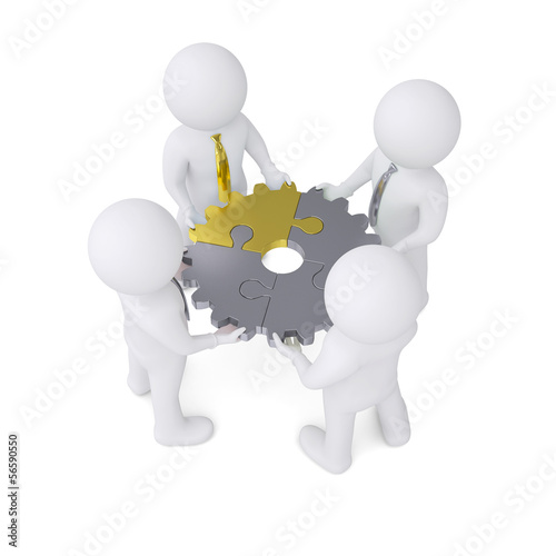 Illustration: Four man holding gear consisting of puzzles Four man holding gear consisting of puzzles