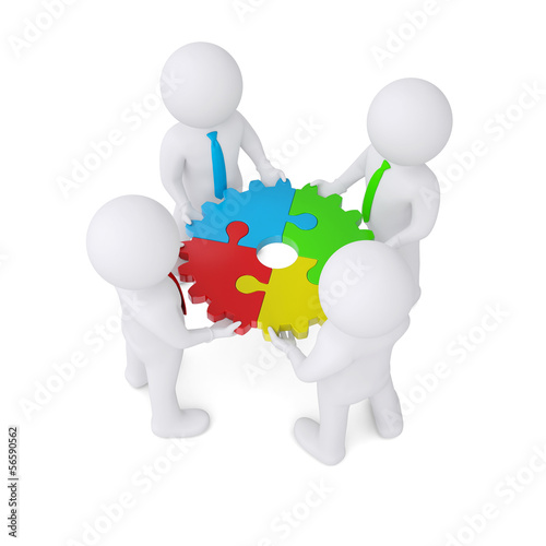 Illustration: Four man holding gear consisting of puzzles Four man holding gear consisting of puzzles