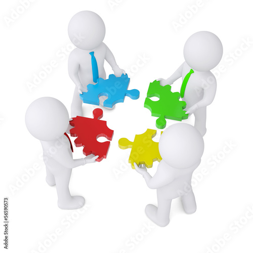Illustration: Four man holding gear consisting of puzzles Four man holding gear consisting of puzzles