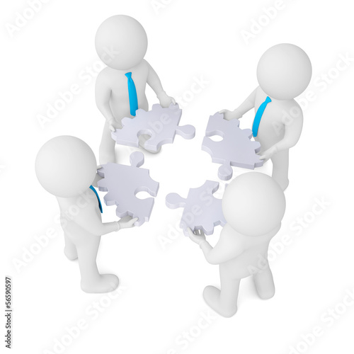 Illustration: Four man holding gear consisting of puzzles Four man holding gear consisting of puzzles