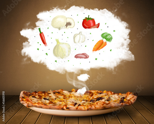 Photo: Pizza with vegetable ingredients illustration in cloud Pizza with vegetable ingredients illustration in cloud