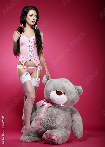 Photo: Fascinating Woman in Pink Lingerie with her Fondling - Soft Toy Fascinating Woman in Pink Lingerie with her Fondling - Soft Toy