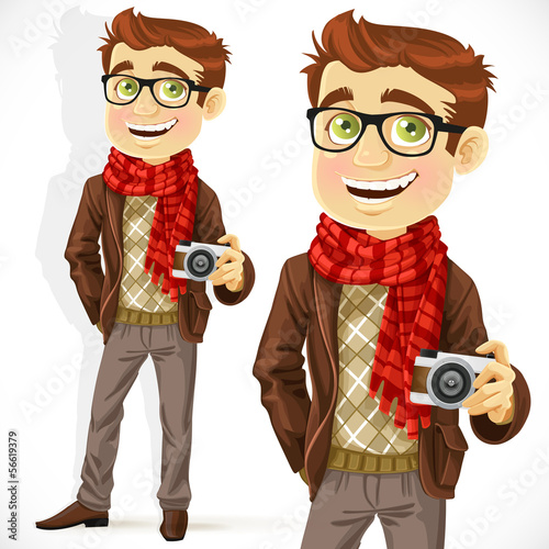 Vector: Hipster guy wearing a scarf and with camera Hipster guy wearing a scarf and with camera