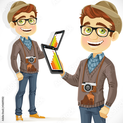 Vector: Hipster guy in hat with a tablet computer Hipster guy in hat with a tablet computer