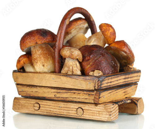 Photo: Fresh mushrooms in basket isolated on white Fresh mushrooms in basket isolated on white