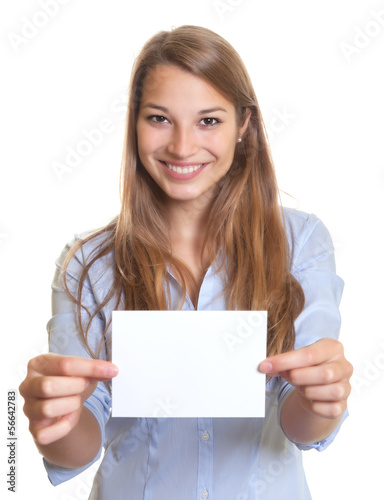 Photo: Woman with long blonde hair has a blank gift card in her hands Woman with long blonde hair has a blank gift card in her hands