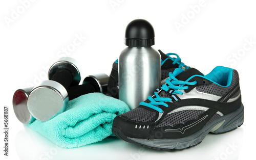 Photo: Different tools for sport isolated on white Different tools for sport isolated on white