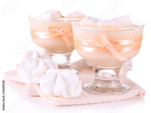 Photo: Tasty yogurt with marshmallows, isolated on white Tasty yogurt with marshmallows, isolated on white