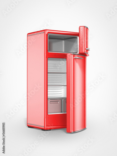 Illustration: old vintage red refrigerator interior opened door old vintage red refrigerator interior opened door