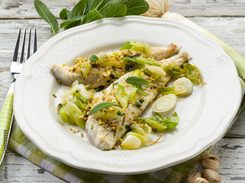 Photo: fish fillet with pistachio sage and leek fish fillet with pistachio sage and leek