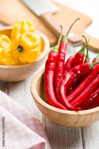 Photo: red peppers and habanero in bowls red peppers and habanero in bowls