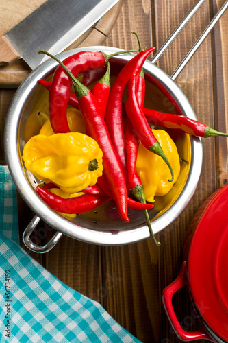 Photo: chili peppers with habanero in colander chili peppers with habanero in colander