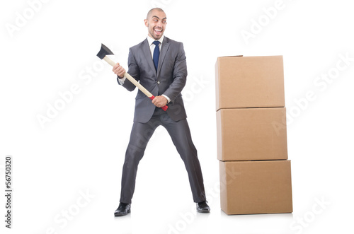 Photo: Man with axe and boxes on white Man with axe and boxes on white
