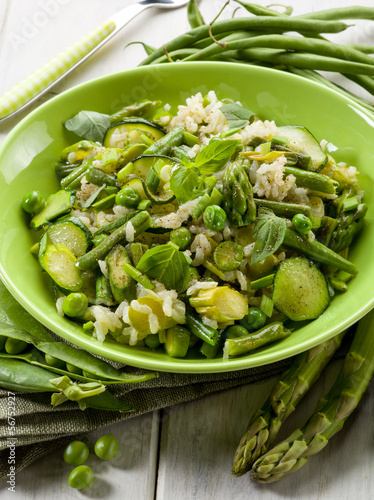 Photo: risotto with asparagus zucchinis and green beans,vegetarian food risotto with asparagus zucchinis and green beans,vegetarian food