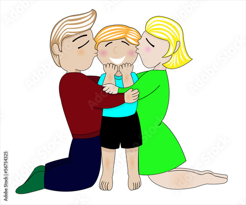 Vector: Parents are giving a hug and kissing their child Parents are giving a hug and kissing their child