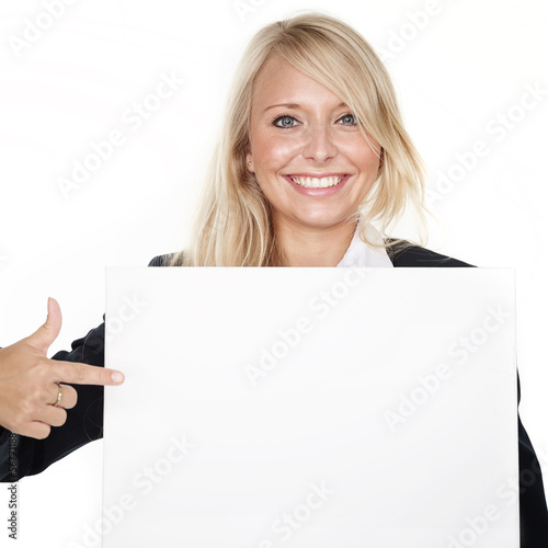 Photo: Business woman with message board Business woman with message board
