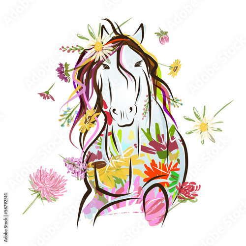 Vector: Horse sketch with floral decoration for your design. Symbol of Horse sketch with floral decoration for your design. Symbol of