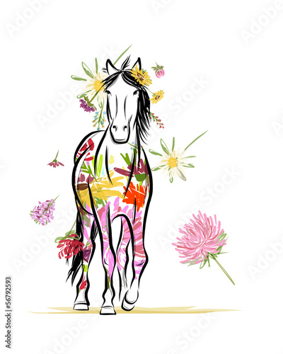 Vector: Horse sketch with floral decoration for your design. Symbol of Horse sketch with floral decoration for your design. Symbol of