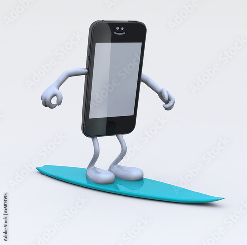 Illustration: smartphone with arms and legs on surfboard smartphone with arms and legs on surfboard