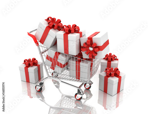 Illustration: 3d shopping cart with gift boxes 3d shopping cart with gift boxes