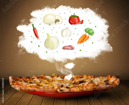 Photo: Pizza with vegetable ingredients illustration in cloud Pizza with vegetable ingredients illustration in cloud