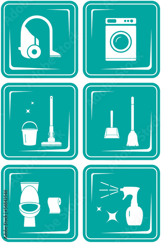 Vector: set blue icons with objects for home cleaning set blue icons with objects for home cleaning