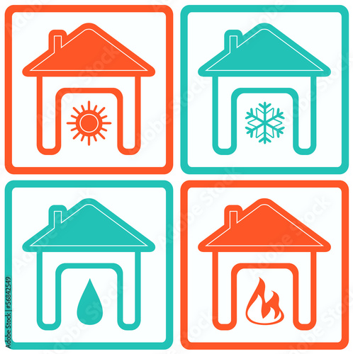 Vector: set house icons with water drop, sun, snowflake and fire set house icons with water drop, sun, snowflake and fire