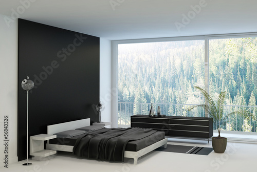 Illustration: Bedroom interior with double bed against panorama window Bedroom interior with double bed against panorama window
