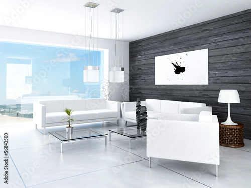 Illustration: Modern Design Black and White Living Room Interior Modern Design Black and White Living Room Interior