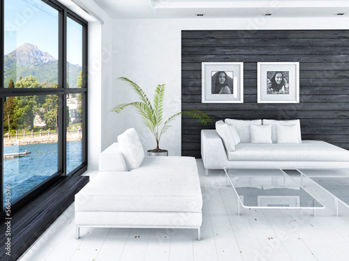 Photo: Modern living room interior with white couch against black wall Modern living room interior with white couch against black wall