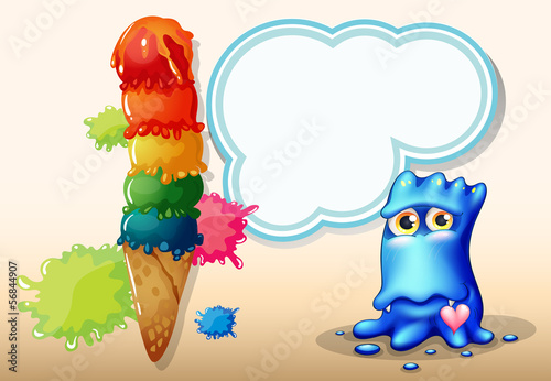 Vector: A giant icecream beside the blue monster with an empty callout A giant icecream beside the blue monster with an empty callout
