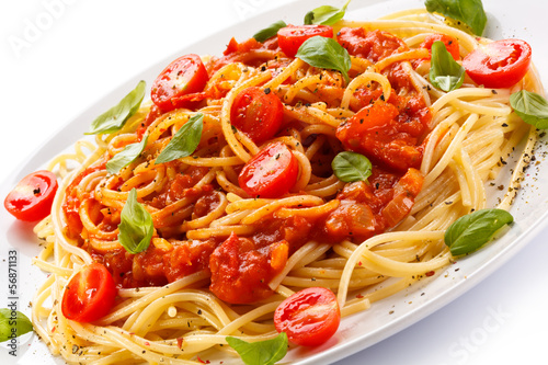 Photo: Pasta with meat, tomato sauce, parmesan and vegetables Pasta with meat, tomato sauce, parmesan and vegetables