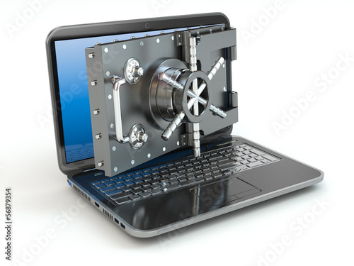 Illustration: Internet security.Laptop and opening safe deposit box's door. Internet security.Laptop and opening safe deposit box's door.