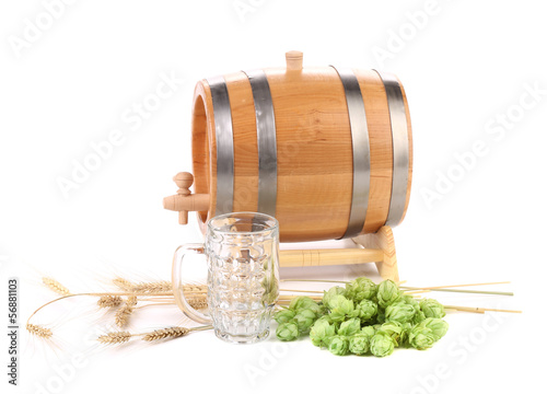 Photo: Barrel and mug with hop. Barrel and mug with hop.