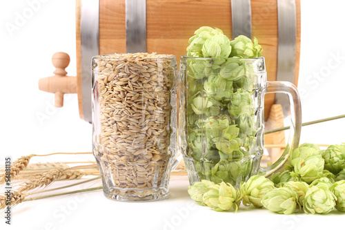 Photo: Two mugs with barley and hop. Two mugs with barley and hop.