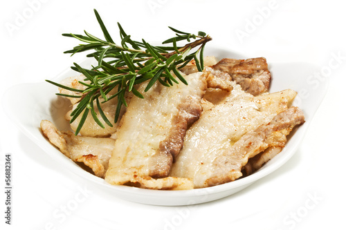 Photo: Pancetta cotta alla piastra su sfondo bianco Pancetta cotta alla piastra su sfondo bianco